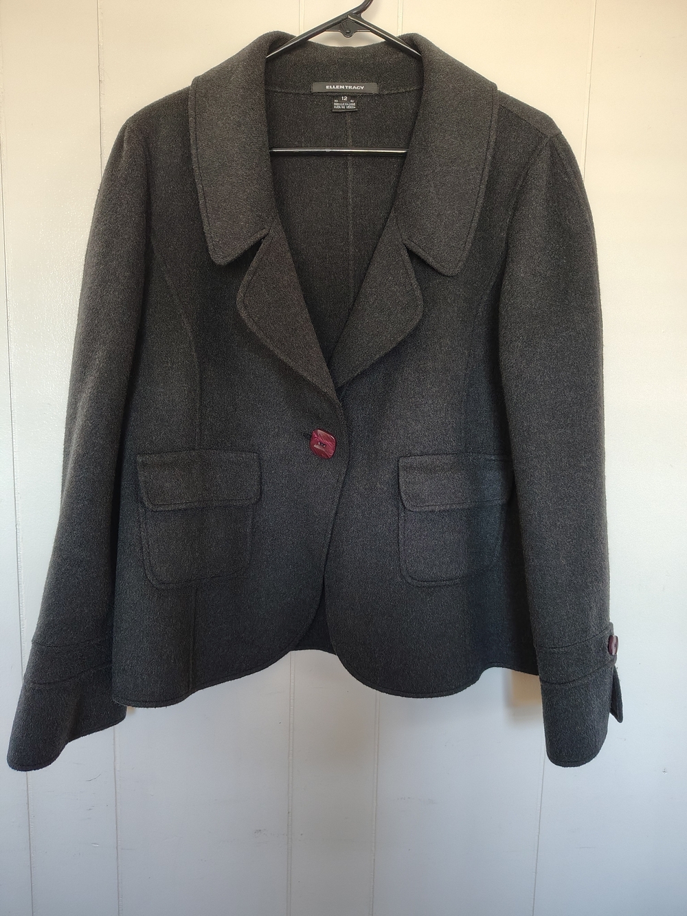 Ellen Tracy Charcoal Gray Wool Angora Single Button Peacoat Blazer Jacket 12